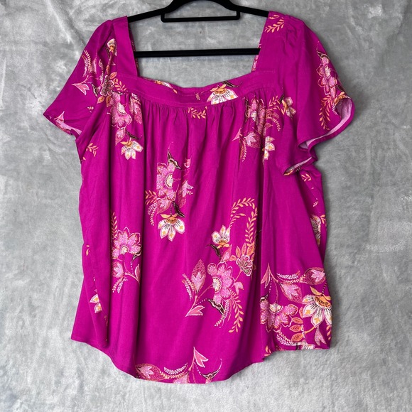 Torrid Women  Blouse Top Small Magenta Floral Square Neck Flutter SleeveSize - Picture 8 of 9